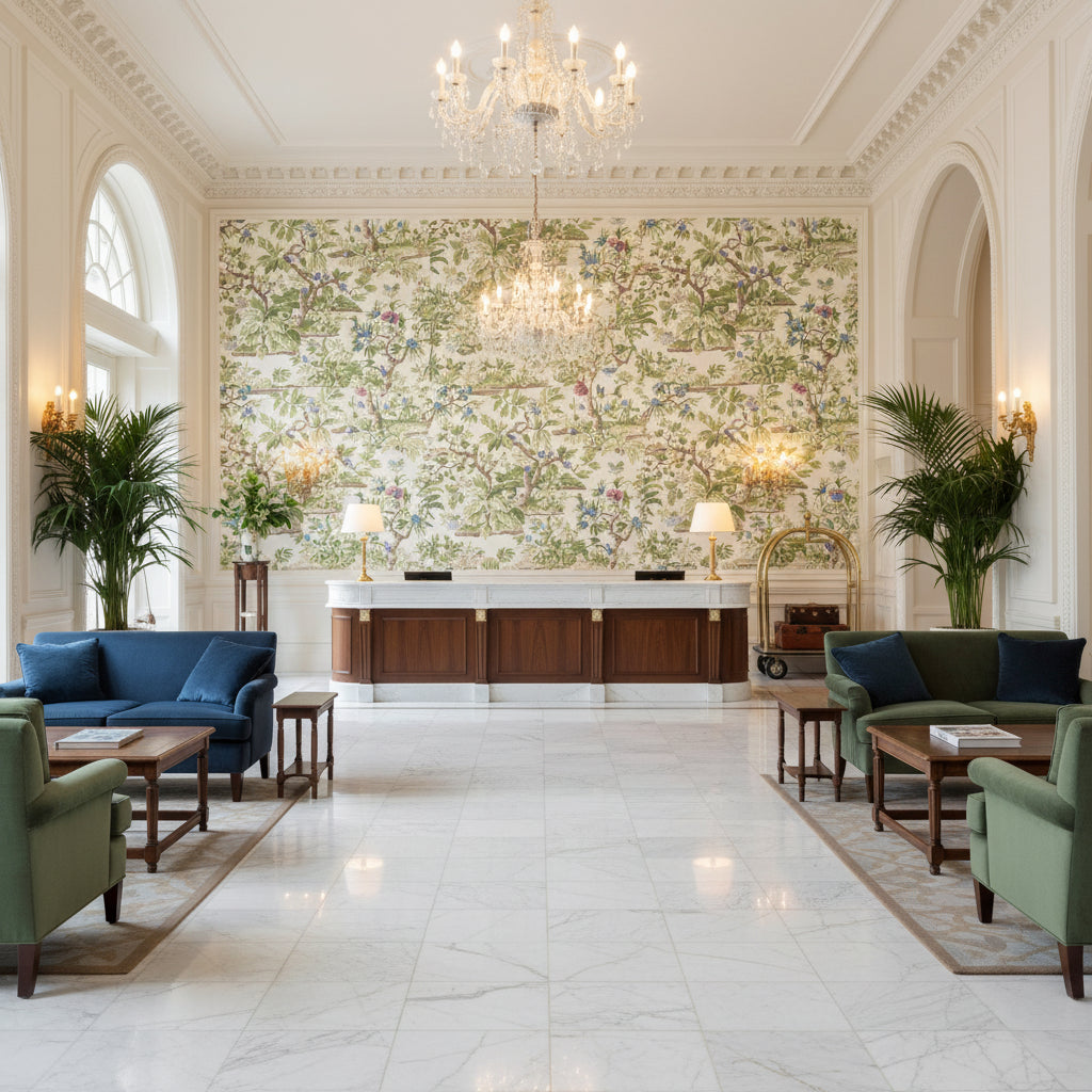 ELWOOD Fabrics (AF24560) – Spring | Thibaut - Hotel Lobby Visualization (AI-generated, may not be to scale. Verify pattern scale with product specifications.)