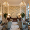 ELWOOD Fabrics (AF24561) – Soft Gold | Thibaut - Hotel Lobby Visualization (AI-generated, may not be to scale. Verify pattern scale with product specifications.)