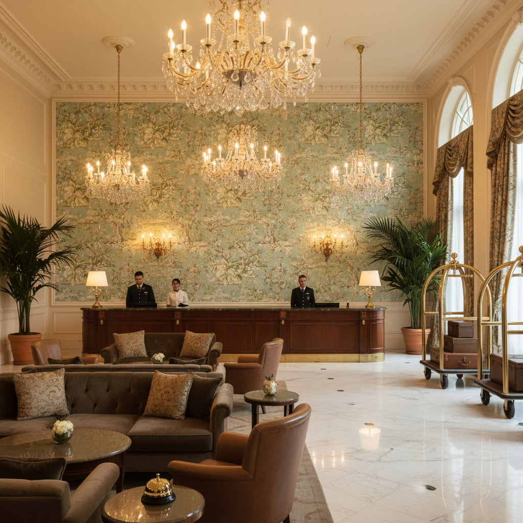 ELWOOD Fabrics (AF24562) – Robin's Egg Robin's Egg | Thibaut - Hotel Lobby Visualization (AI-generated, may not be to scale. Verify pattern scale with product specifications.)