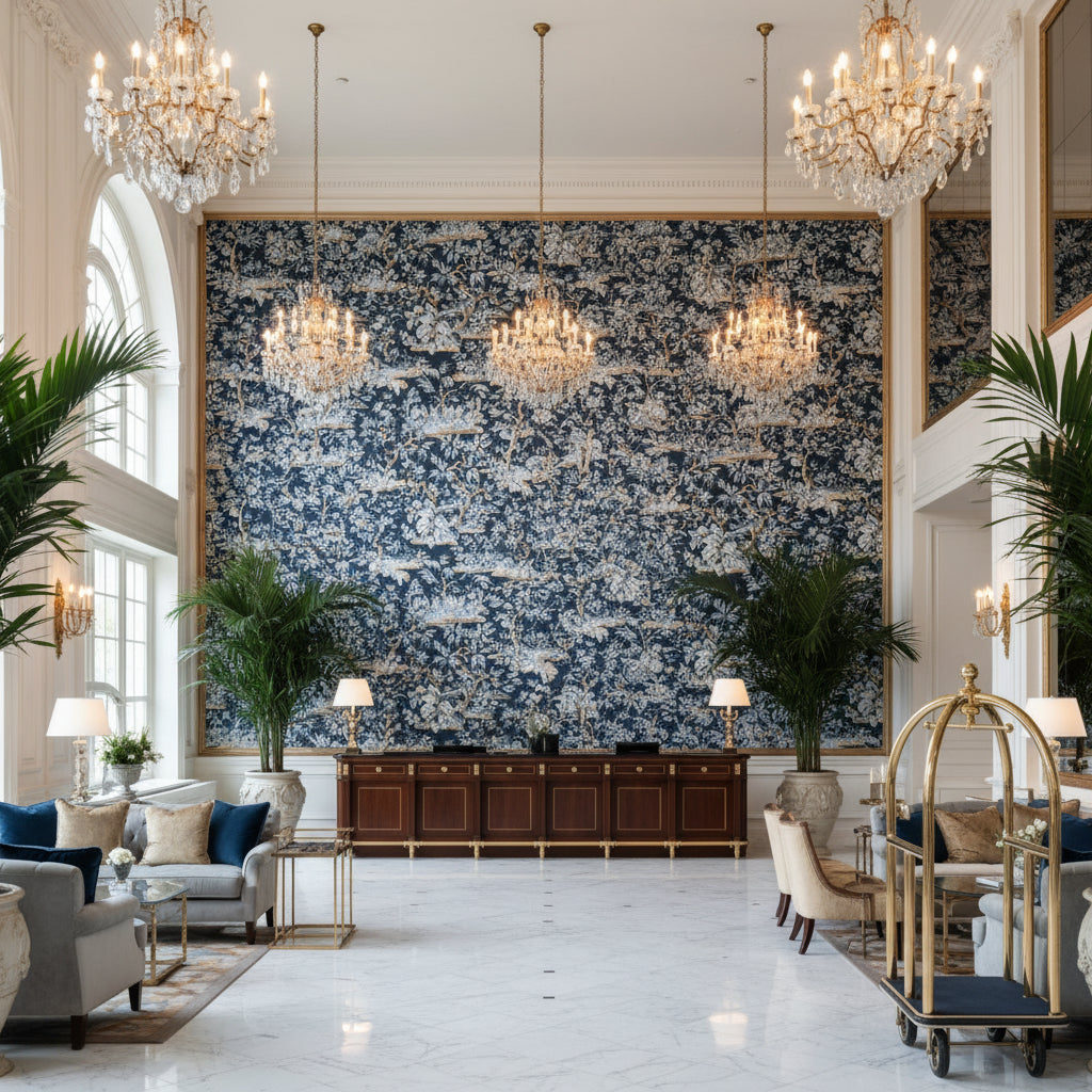 ELWOOD Fabrics (AF24563) – Navy | Thibaut - Hotel Lobby Visualization (AI-generated, may not be to scale. Verify pattern scale with product specifications.)