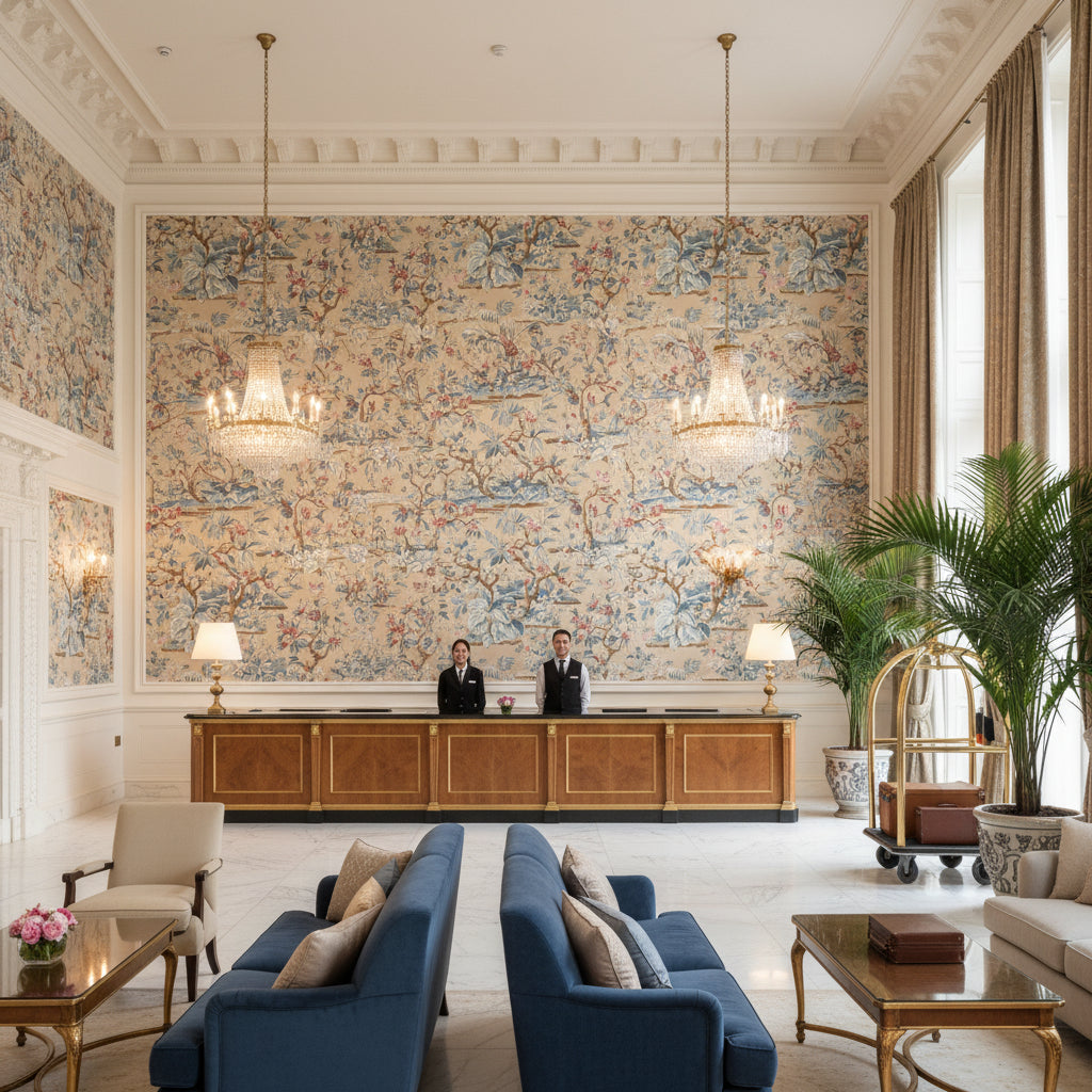 ELWOOD Fabrics (AF24564) – Document Linen | Thibaut - Hotel Lobby Visualization (AI-generated, may not be to scale. Verify pattern scale with product specifications.)