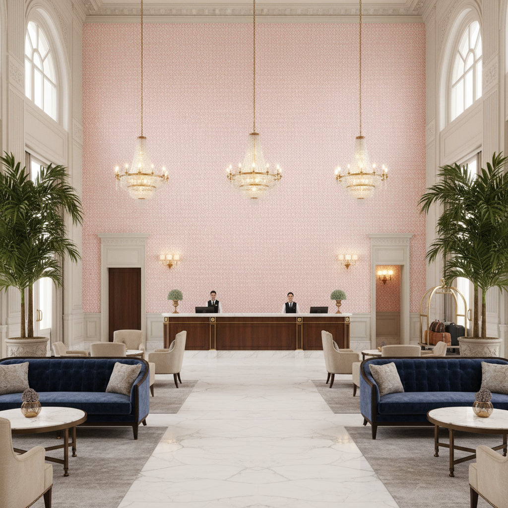 LINDSEY Fabrics (AF57810) – Blush | Thibaut - Hotel Lobby Visualization (AI-generated, may not be to scale. Verify pattern scale with product specifications.)