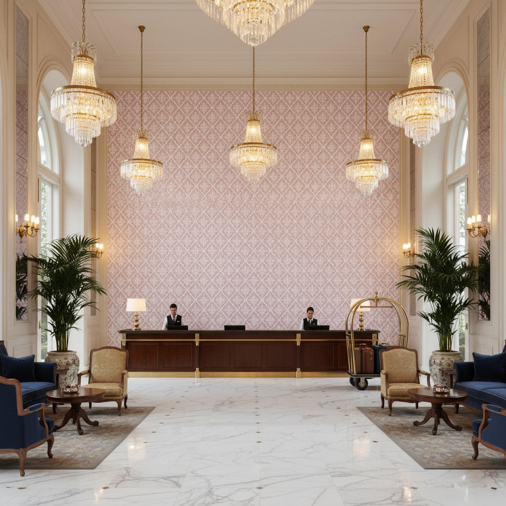 LINDSEY Fabrics (AF57811) – Lavender | Thibaut - Hotel Lobby Visualization (AI-generated, may not be to scale. Verify pattern scale with product specifications.)
