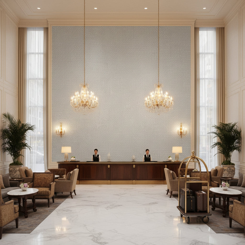 LINDSEY Fabrics (AF57813) – Blue | Thibaut - Hotel Lobby Visualization (AI-generated, may not be to scale. Verify pattern scale with product specifications.)