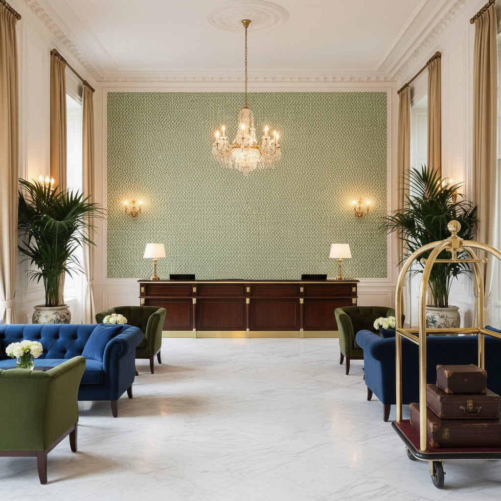 LINDSEY Fabrics (AF57814) – Green | Thibaut - Hotel Lobby Visualization (AI-generated, may not be to scale. Verify pattern scale with product specifications.)