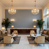 LINDSEY Fabrics (AF57815) – Navy | Thibaut - Hotel Lobby Visualization (AI-generated, may not be to scale. Verify pattern scale with product specifications.)