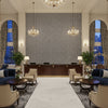 LINDSEY Fabrics (AF57817) – Black | Thibaut - Hotel Lobby Visualization (AI-generated, may not be to scale. Verify pattern scale with product specifications.)