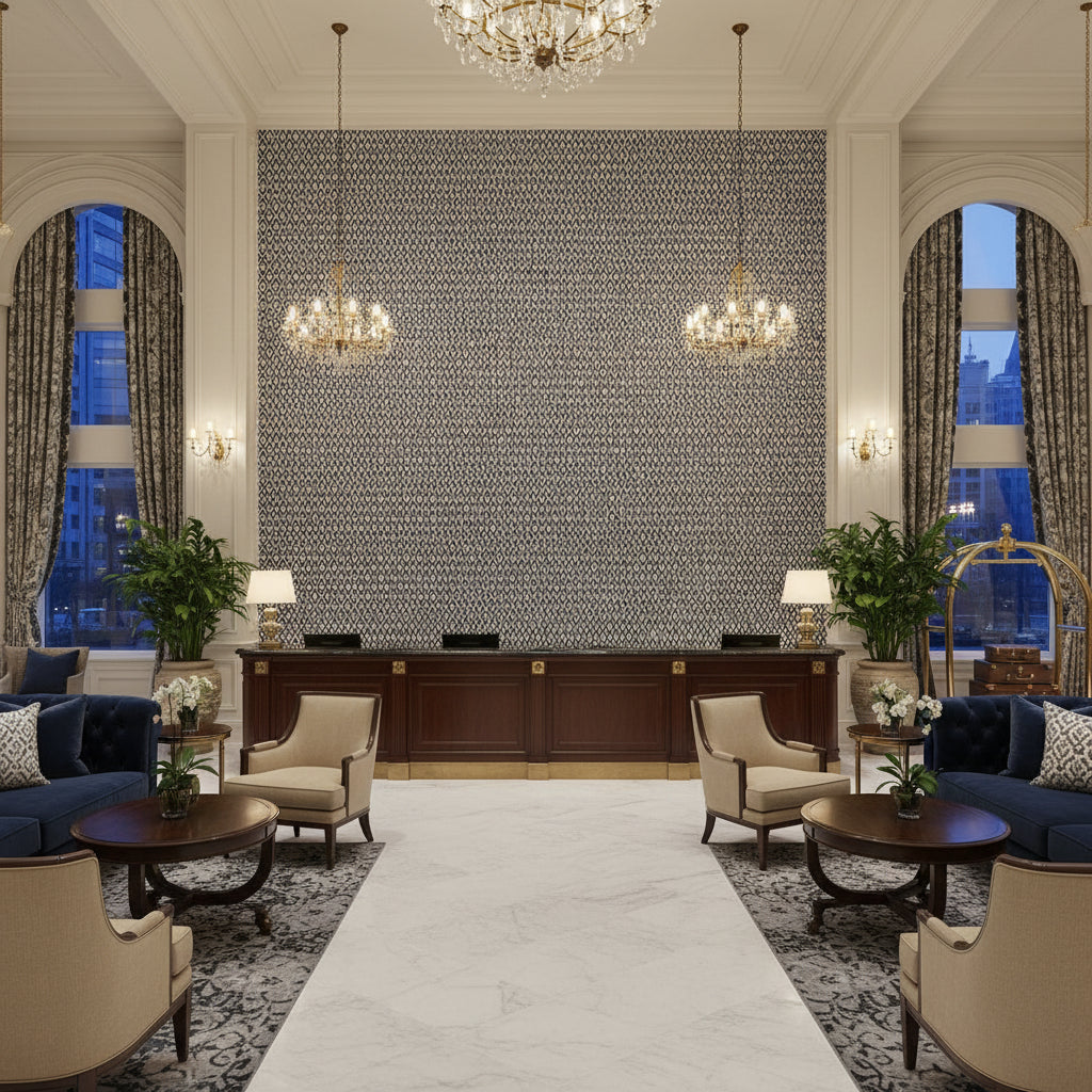 LINDSEY Fabrics (AF57817) – Black | Thibaut - Hotel Lobby Visualization (AI-generated, may not be to scale. Verify pattern scale with product specifications.)
