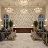 PEACOCK TOILE Fabrics (AF57828) – Soft Blue and Beige | Thibaut - Hotel Lobby Visualization (AI-generated, may not be to scale. Verify pattern scale with product specifications.)