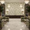 PEACOCK TOILE Fabrics (AF57829) – Green and Plum | Thibaut - Hotel Lobby Visualization (AI-generated, may not be to scale. Verify pattern scale with product specifications.)