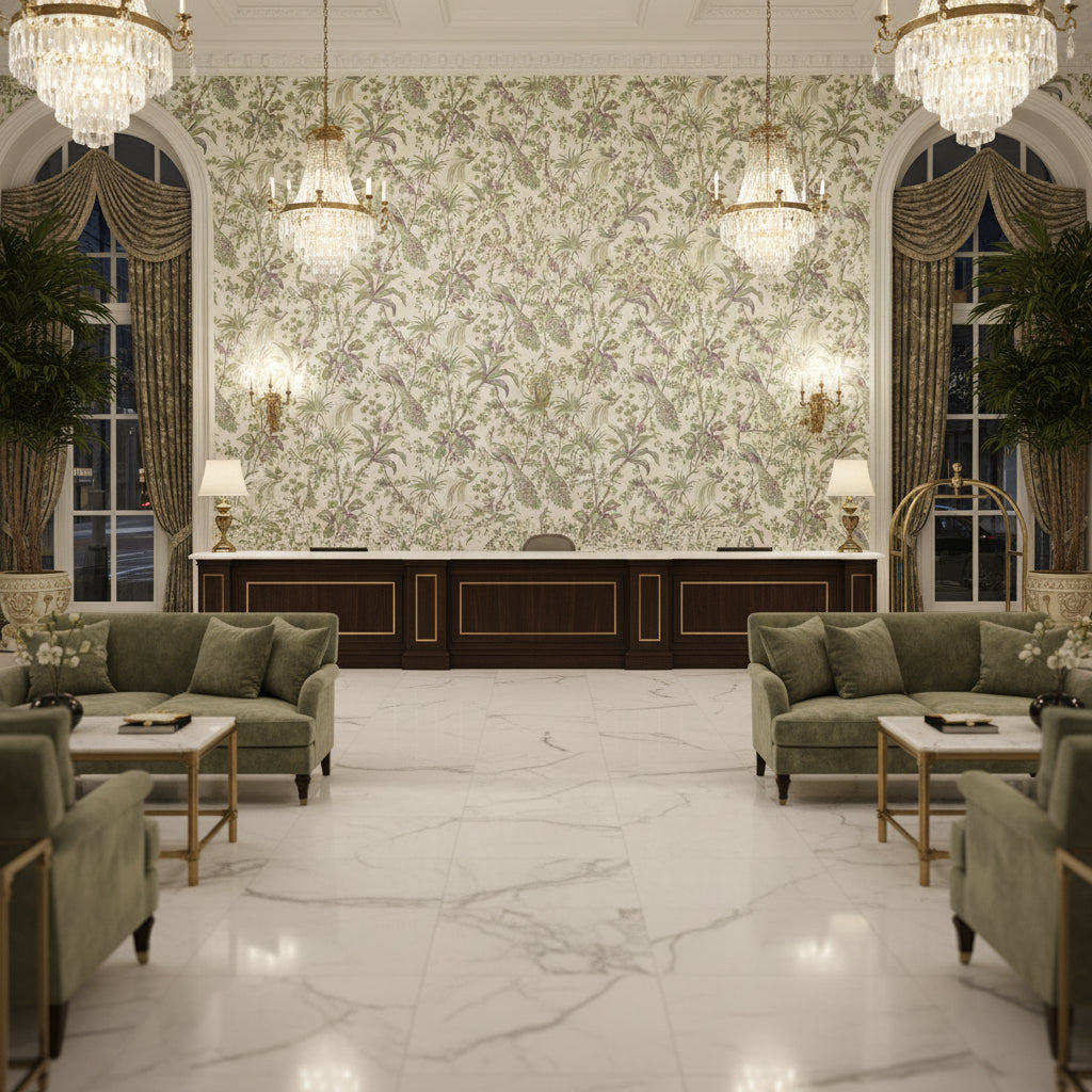 PEACOCK TOILE Fabrics (AF57829) – Green and Plum | Thibaut - Hotel Lobby Visualization (AI-generated, may not be to scale. Verify pattern scale with product specifications.)