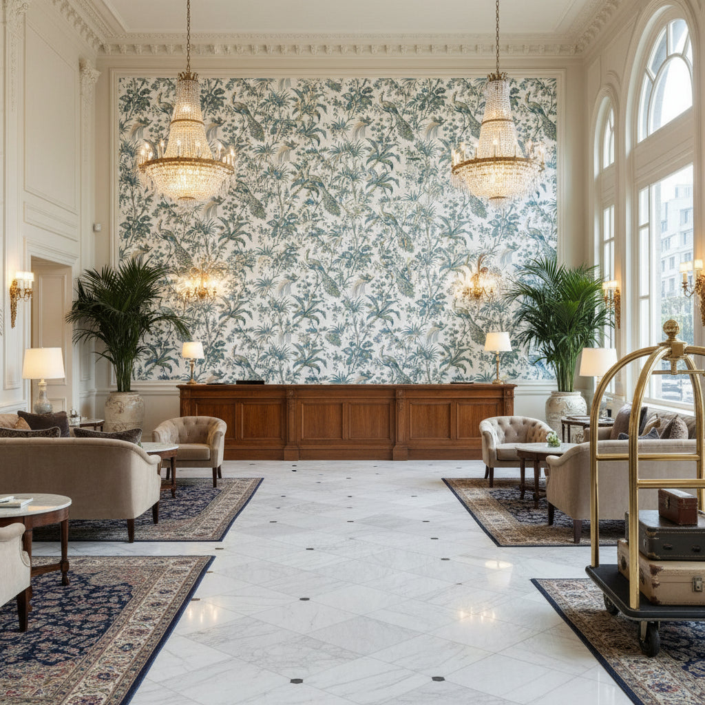 PEACOCK TOILE Fabrics (AF57830) – Blue and Green | Thibaut - Hotel Lobby Visualization (AI-generated, may not be to scale. Verify pattern scale with product specifications.)