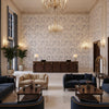 NEWLANDS TOILE Fabrics (AF57834) – Soft Blue | Thibaut - Hotel Lobby Visualization (AI-generated, may not be to scale. Verify pattern scale with product specifications.)