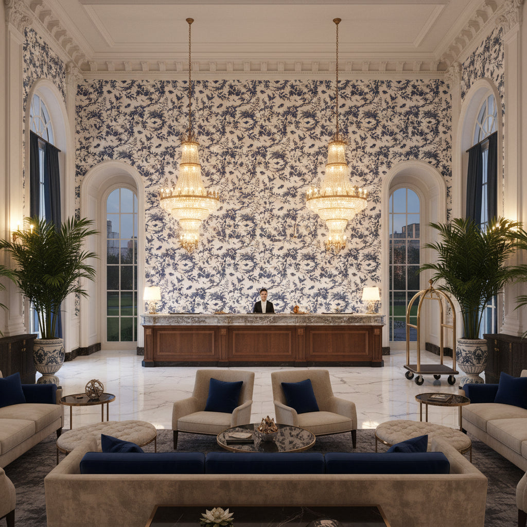 NEWLANDS TOILE Fabrics (AF57837) – Blue | Thibaut - Hotel Lobby Visualization (AI-generated, may not be to scale. Verify pattern scale with product specifications.)