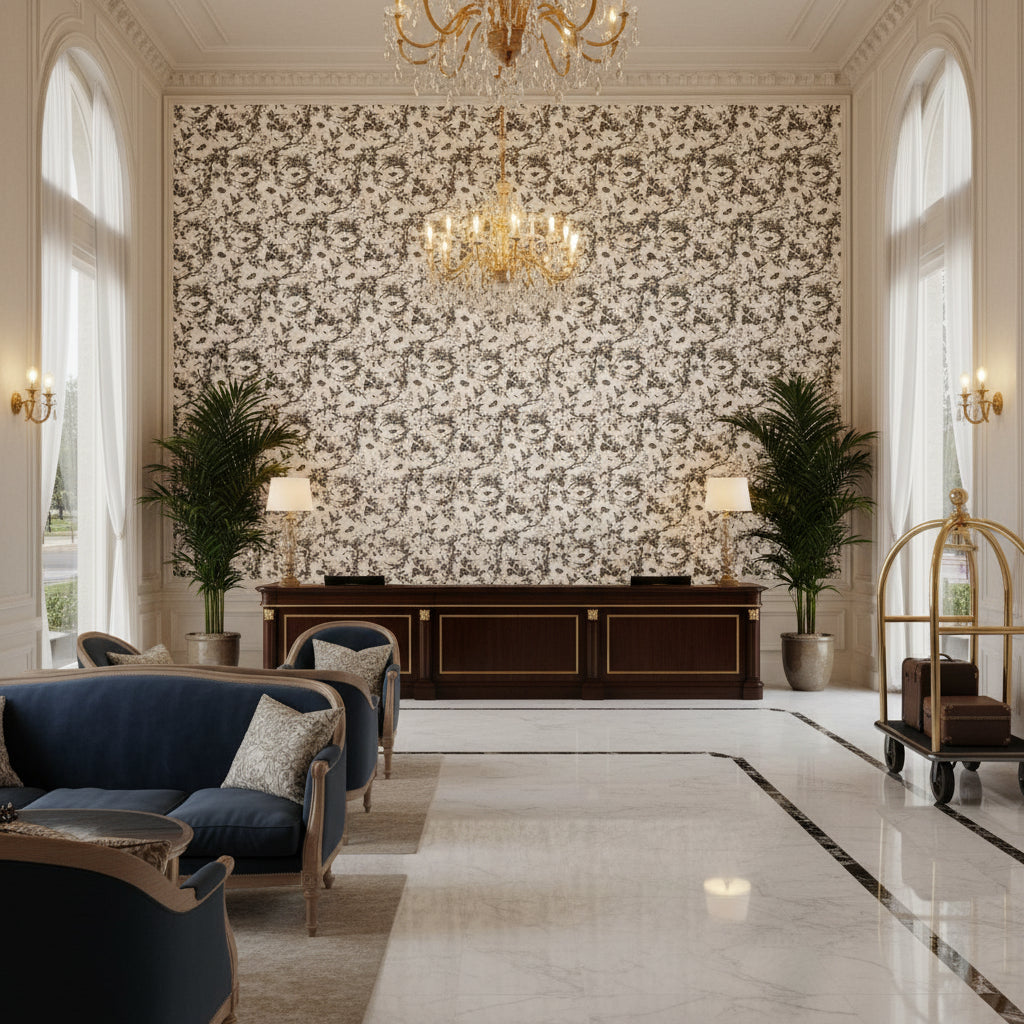 NEWLANDS TOILE Fabrics (AF57838) – ivory | Thibaut - Hotel Lobby Visualization (AI-generated, may not be to scale. Verify pattern scale with product specifications.)