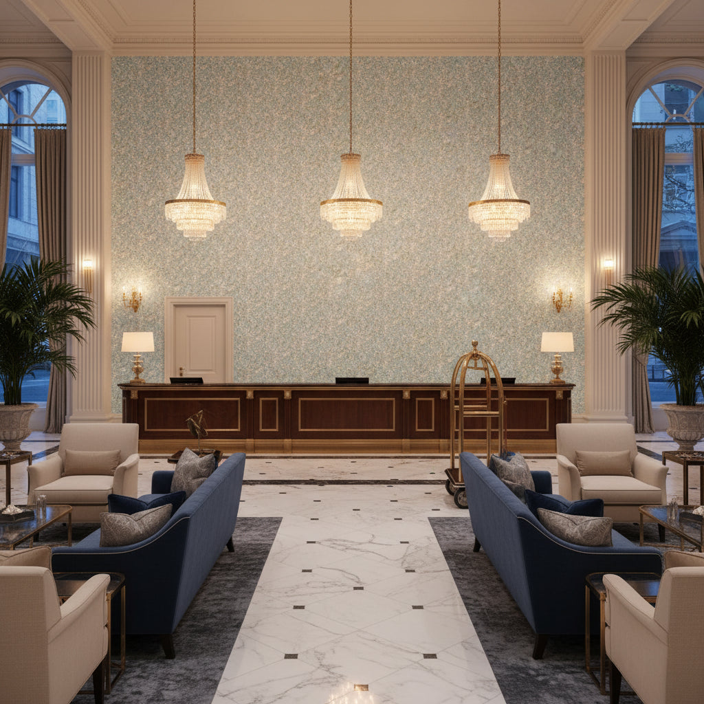 CHELSEA Fabrics (AF57839) – Soft Blue and Green | Thibaut - Hotel Lobby Visualization (AI-generated, may not be to scale. Verify pattern scale with product specifications.)