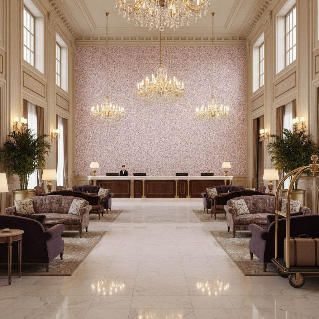 CHELSEA Fabrics (AF57840) – Lavender | Thibaut - Hotel Lobby Visualization (AI-generated, may not be to scale. Verify pattern scale with product specifications.)