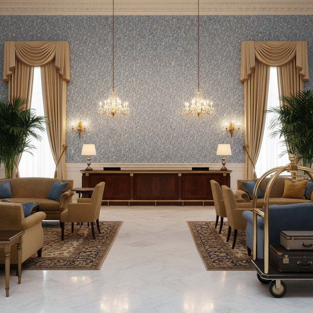 CHELSEA Fabrics (AF57841) – Blue | Thibaut - Hotel Lobby Visualization (AI-generated, may not be to scale. Verify pattern scale with product specifications.)
