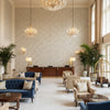CHELSEA Fabrics (AF57842) – Slate and Linen | Thibaut - Hotel Lobby Visualization (AI-generated, may not be to scale. Verify pattern scale with product specifications.)