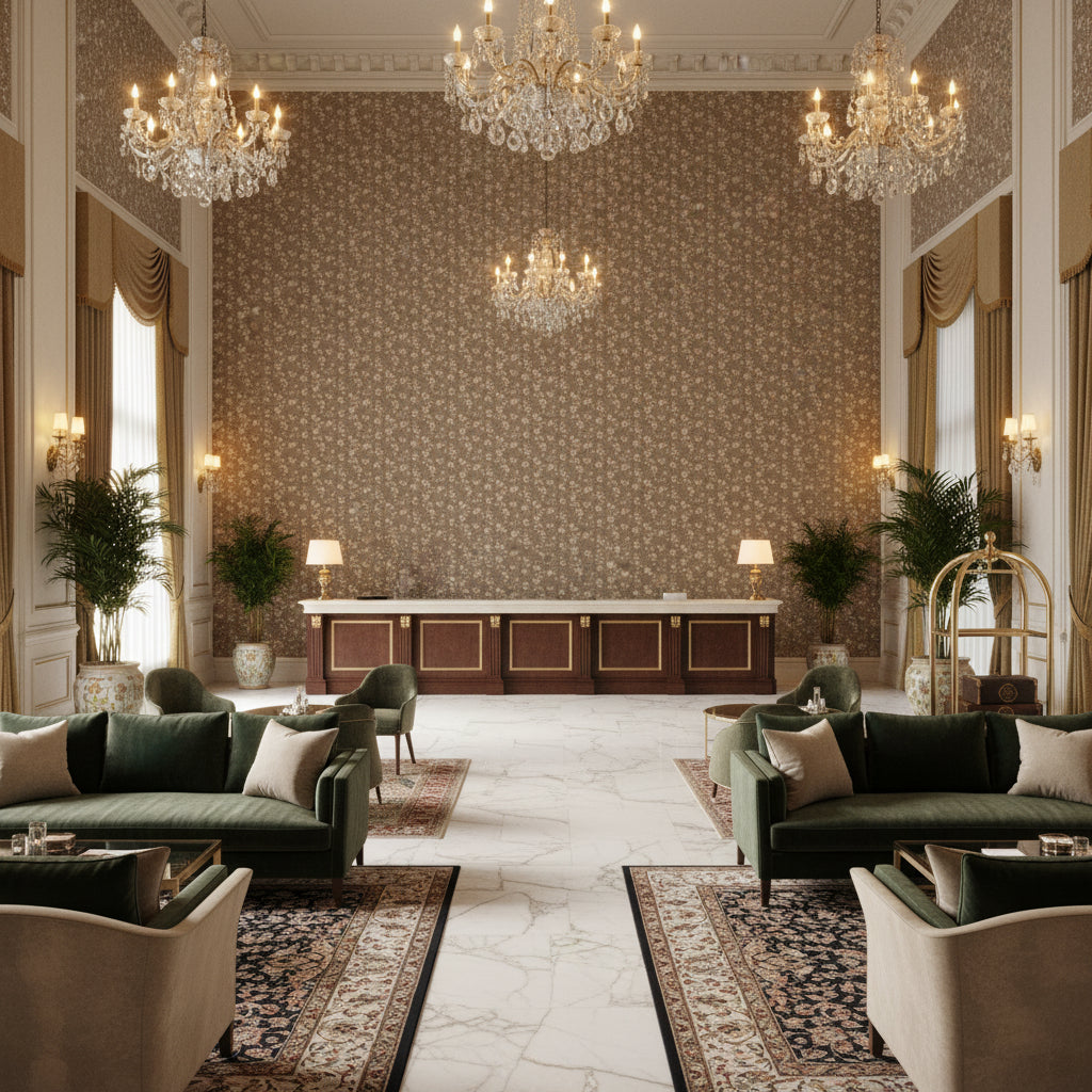 CHELSEA Fabrics (AF57843) – Chestnut | Thibaut - Hotel Lobby Visualization (AI-generated, may not be to scale. Verify pattern scale with product specifications.)