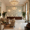 SUSSEX HYDRANGEA Fabrics (AF57845) – Soft Blue | Thibaut - Hotel Lobby Visualization (AI-generated, may not be to scale. Verify pattern scale with product specifications.)