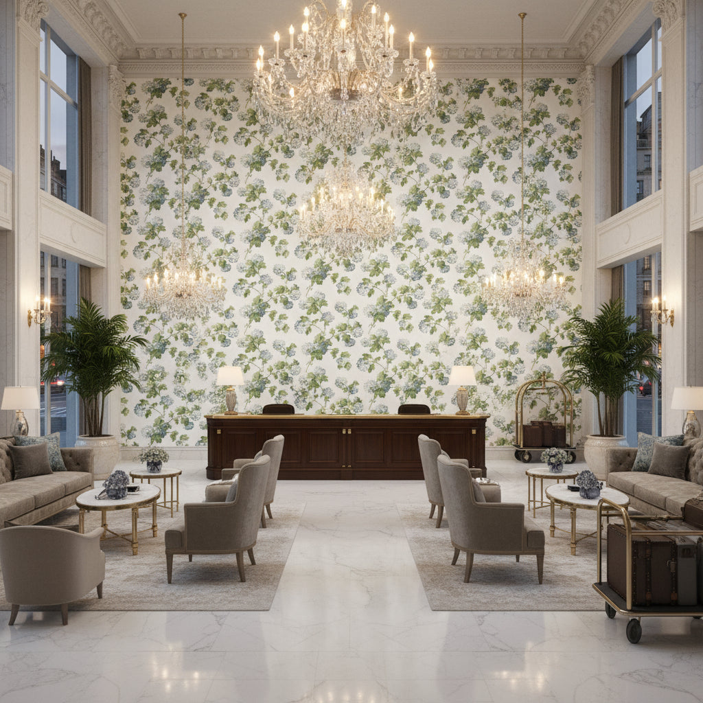 SUSSEX HYDRANGEA Fabrics (AF57846) – Blue and Green | Thibaut - Hotel Lobby Visualization (AI-generated, may not be to scale. Verify pattern scale with product specifications.)