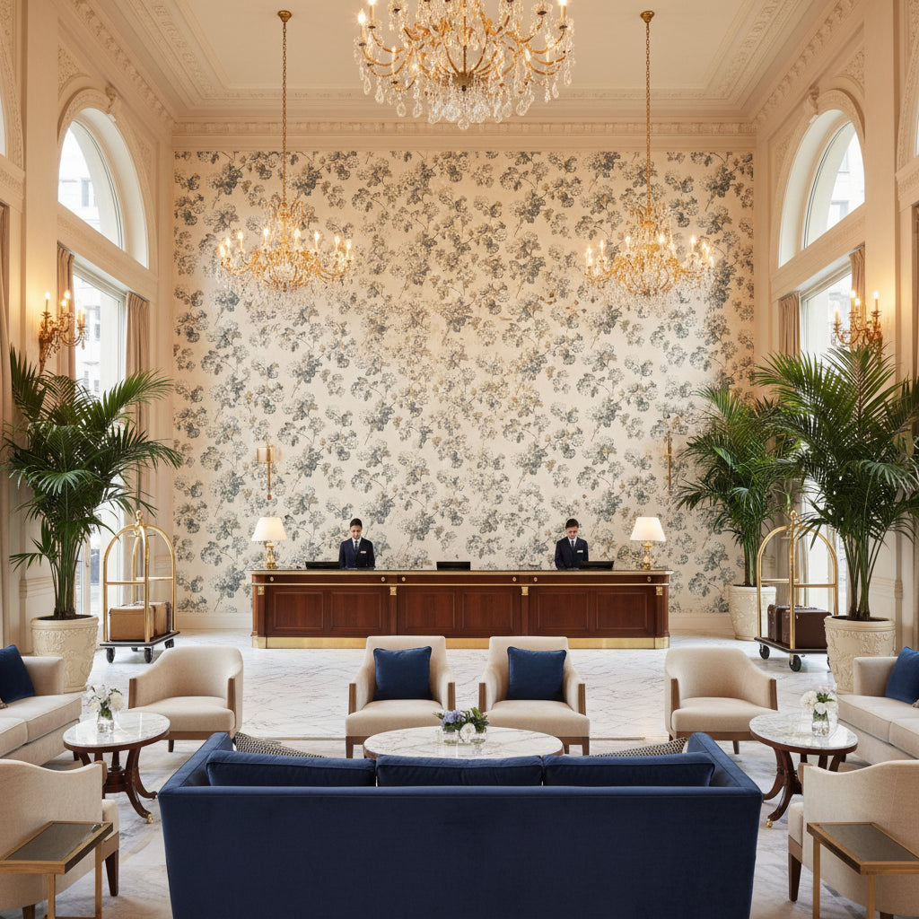 SUSSEX HYDRANGEA Fabrics (AF57847) – Slate and Linen | Thibaut - Hotel Lobby Visualization (AI-generated, may not be to scale. Verify pattern scale with product specifications.)
