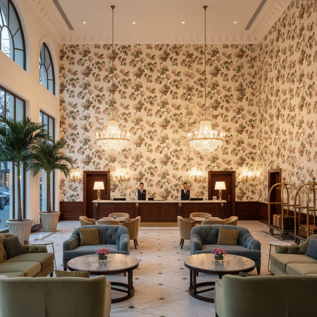 SUSSEX HYDRANGEA Fabrics (AF57848) – Soft Gold | Thibaut - Hotel Lobby Visualization (AI-generated, may not be to scale. Verify pattern scale with product specifications.)
