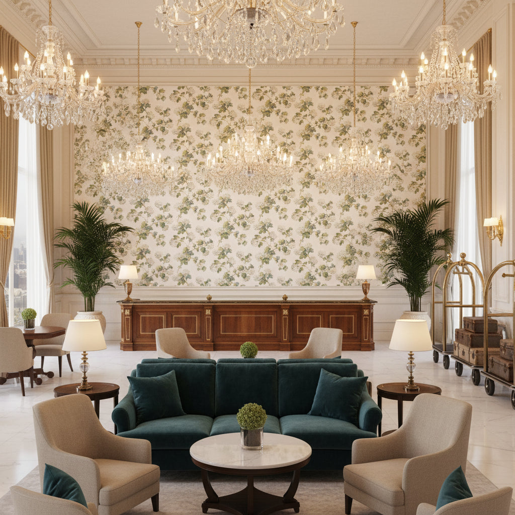 SUSSEX HYDRANGEA Fabrics (AF57849) – White and Green | Thibaut - Hotel Lobby Visualization (AI-generated, may not be to scale. Verify pattern scale with product specifications.)