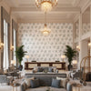 WOODLAND Fabrics (AF57850) – Beige and Soft Blue | Thibaut - Hotel Lobby Visualization (AI-generated, may not be to scale. Verify pattern scale with product specifications.)