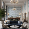 WOODLAND Fabrics (AF57851) – Blue and Green | Thibaut - Hotel Lobby Visualization (AI-generated, may not be to scale. Verify pattern scale with product specifications.)