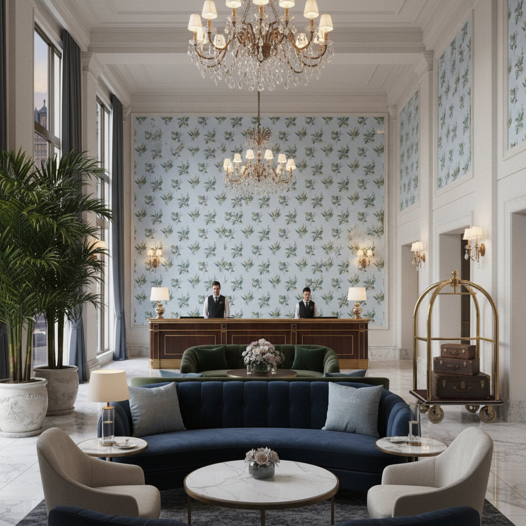 WOODLAND Fabrics (AF57851) – Blue and Green | Thibaut - Hotel Lobby Visualization (AI-generated, may not be to scale. Verify pattern scale with product specifications.)
