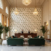WOODLAND Fabrics (AF57852) – Green and Blush | Thibaut - Hotel Lobby Visualization (AI-generated, may not be to scale. Verify pattern scale with product specifications.)