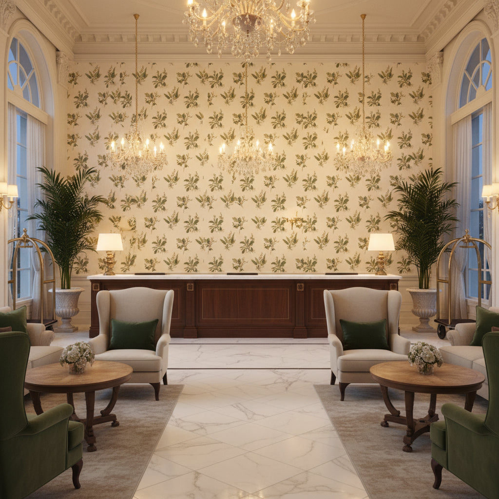 WOODLAND Fabrics (AF57853) – Green on Natural | Thibaut - Hotel Lobby Visualization (AI-generated, may not be to scale. Verify pattern scale with product specifications.)