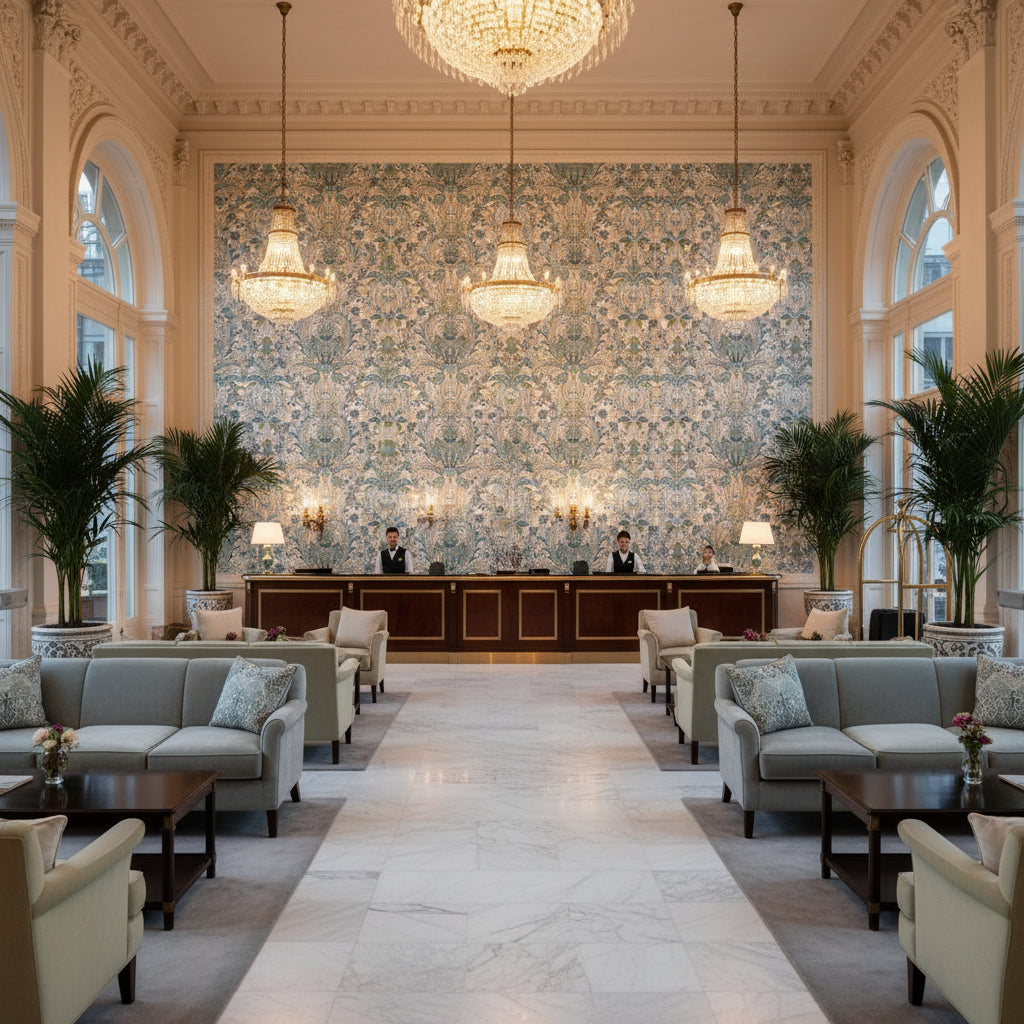 NARBETH Fabrics (AF57858) – Blue and Green | Thibaut - Hotel Lobby Visualization (AI-generated, may not be to scale. Verify pattern scale with product specifications.)
