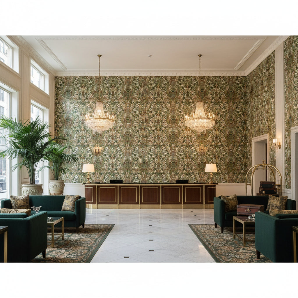 NARBETH Fabrics (AF57860) – Natural and Green | Thibaut - Hotel Lobby Visualization (AI-generated, may not be to scale. Verify pattern scale with product specifications.)