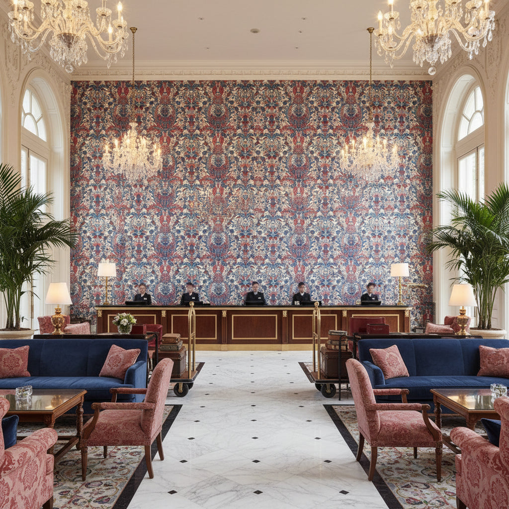 NARBETH Fabrics (AF57861) – Red and Blue | Thibaut - Hotel Lobby Visualization (AI-generated, may not be to scale. Verify pattern scale with product specifications.)