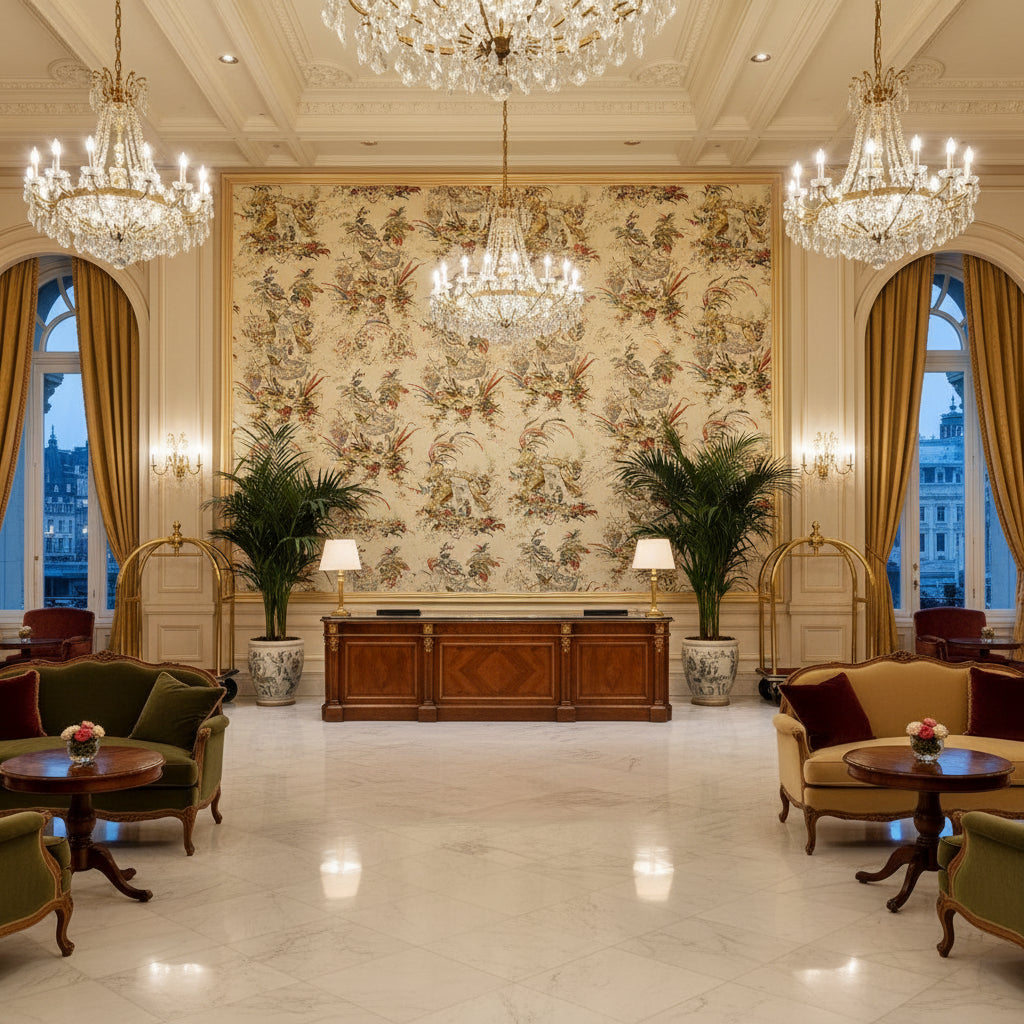 MOOREA Fabrics (AF72982) – Antique | Thibaut - Hotel Lobby Visualization (AI-generated, may not be to scale. Verify pattern scale with product specifications.)