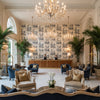 MOOREA Fabrics (AF72983) – Blue | Thibaut - Hotel Lobby Visualization (AI-generated, may not be to scale. Verify pattern scale with product specifications.)