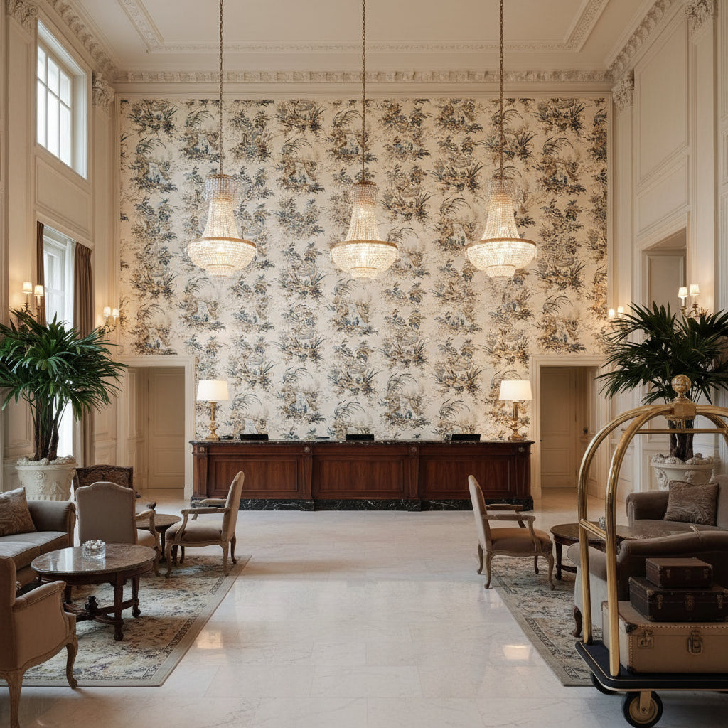 MOOREA Fabrics (AF72984) – Mineral | Thibaut - Hotel Lobby Visualization (AI-generated, may not be to scale. Verify pattern scale with product specifications.)