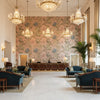 VILLENEUVE Fabrics (AF72990) – Blush | Thibaut - Hotel Lobby Visualization (AI-generated, may not be to scale. Verify pattern scale with product specifications.)