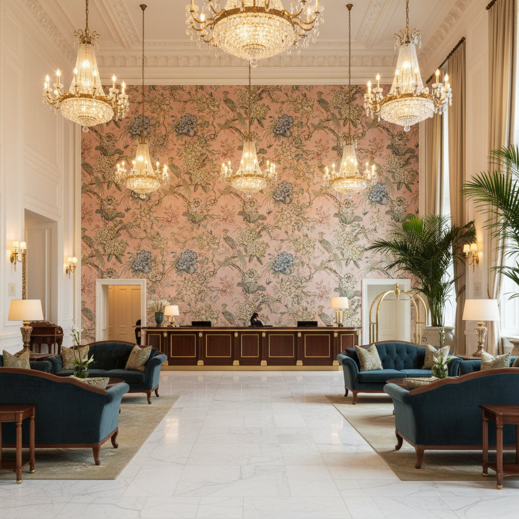 VILLENEUVE Fabrics (AF72990) – Blush | Thibaut - Hotel Lobby Visualization (AI-generated, may not be to scale. Verify pattern scale with product specifications.)