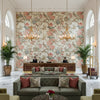 VILLENEUVE Fabrics (AF72992) – Coral on Flax | Thibaut - Hotel Lobby Visualization (AI-generated, may not be to scale. Verify pattern scale with product specifications.)