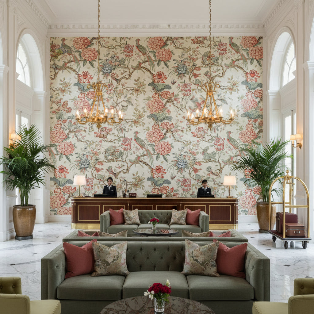 VILLENEUVE Fabrics (AF72992) – Coral on Flax | Thibaut - Hotel Lobby Visualization (AI-generated, may not be to scale. Verify pattern scale with product specifications.)