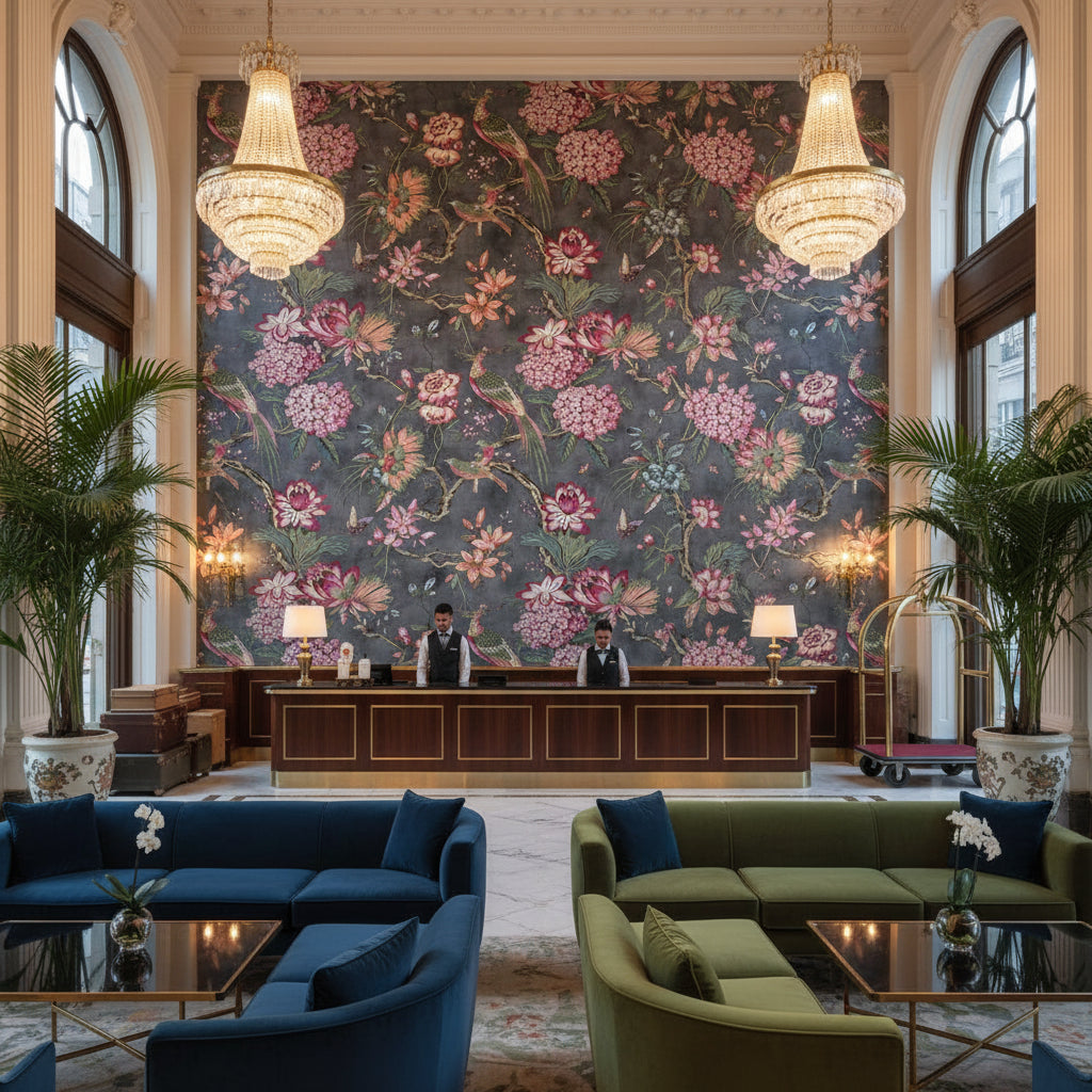 VILLENEUVE Fabrics (AF72993) – Charcoal | Thibaut - Hotel Lobby Visualization (AI-generated, may not be to scale. Verify pattern scale with product specifications.)