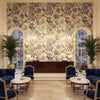 VILLENEUVE Fabrics (AF72994) – Blue on Flax | Thibaut - Hotel Lobby Visualization (AI-generated, may not be to scale. Verify pattern scale with product specifications.)