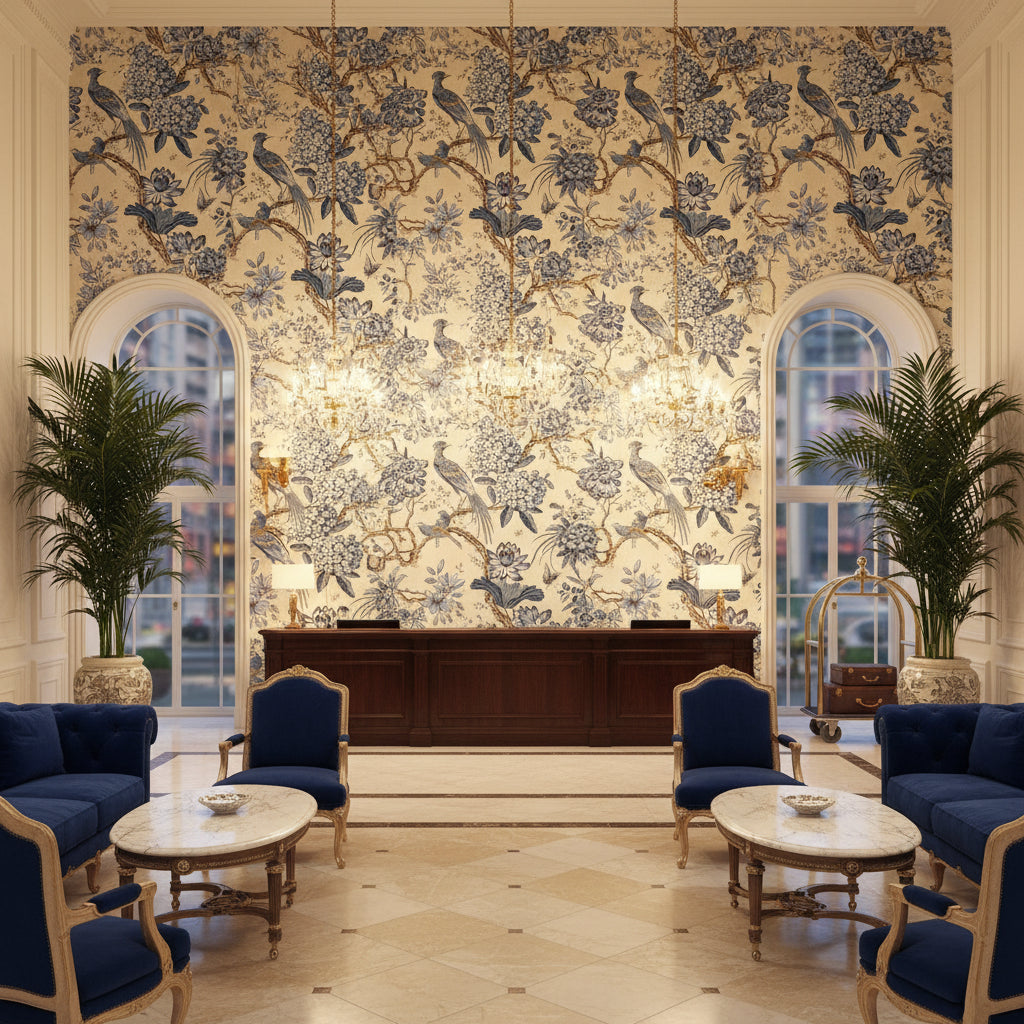 VILLENEUVE Fabrics (AF72994) – Blue on Flax | Thibaut - Hotel Lobby Visualization (AI-generated, may not be to scale. Verify pattern scale with product specifications.)
