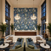VILLENEUVE Fabrics (AF72995) – Navy | Thibaut - Hotel Lobby Visualization (AI-generated, may not be to scale. Verify pattern scale with product specifications.)