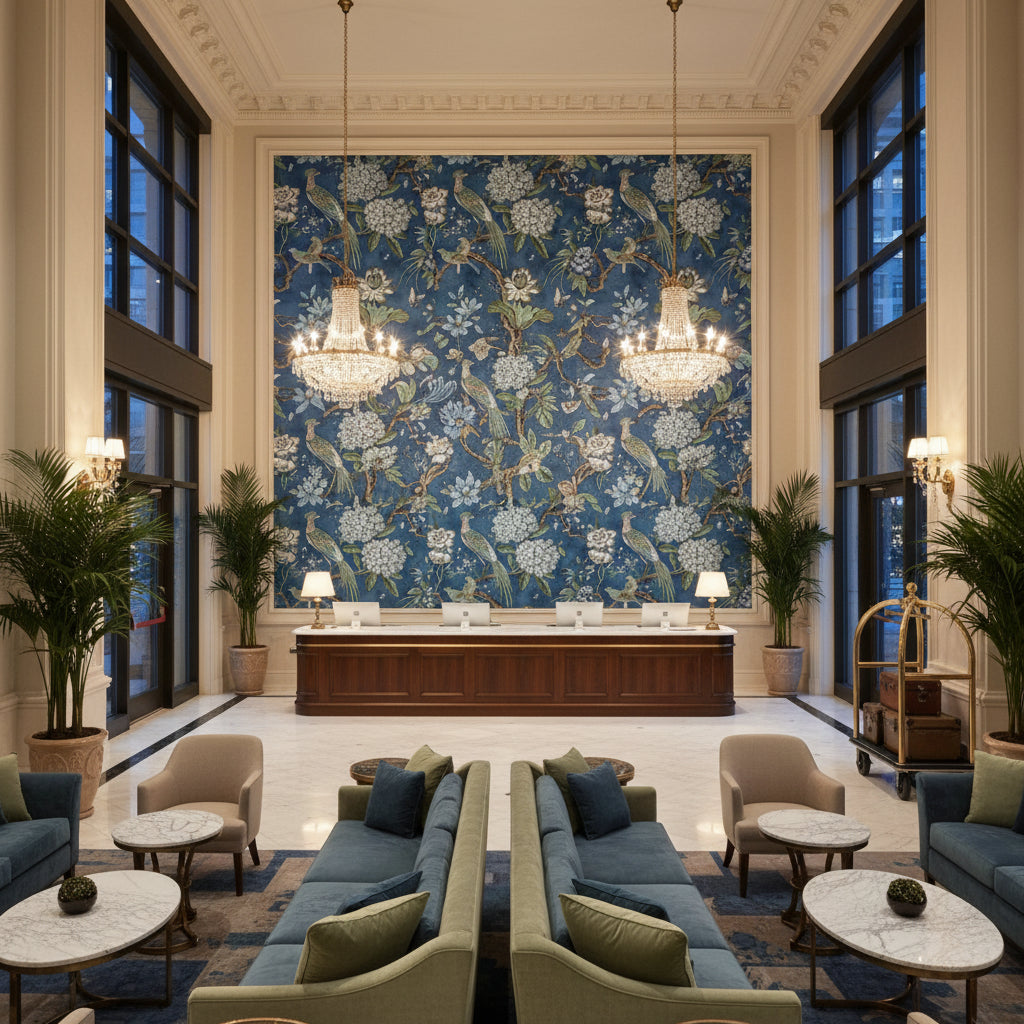 VILLENEUVE Fabrics (AF72995) – Navy | Thibaut - Hotel Lobby Visualization (AI-generated, may not be to scale. Verify pattern scale with product specifications.)