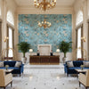 VILLENEUVE Fabrics (AF72996) – Aqua | Thibaut - Hotel Lobby Visualization (AI-generated, may not be to scale. Verify pattern scale with product specifications.)